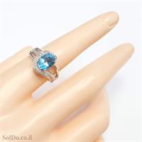 טבעת מכסף משובצת אבן טופז כחולה  וזרקונים RG6155 | תכשיטי כסף 925 | טבעות כסף