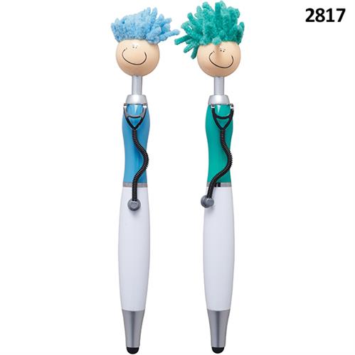עט כדורי פלסטי "רופא" קומי עם חיוך, "שיער" לניקוי מסכים וטאץ' , דגם 2817
