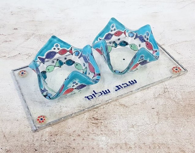 פמוט שקוף עם דגים בעבודת יד מויטראז' ופיוזינג