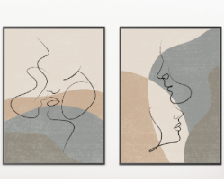 זוג תמונות קנבס אבסטרקטי בסגנון line art פני גבר ואישה באוירה רומנטית "Abstract Love" |תמונות לבית