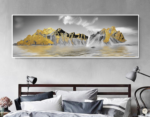 תמונת קנבס מעוצבת לרוחב | תמונה לסלון או חדר השינה בגווני שחור לבן וזהב "אי הררי בודד"