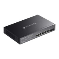 מתג מנוהל Omada SG2210MP +PoE – מתג רשת שחור עם שמונה פורטים ושני חיבורי SFP על רקע לבן