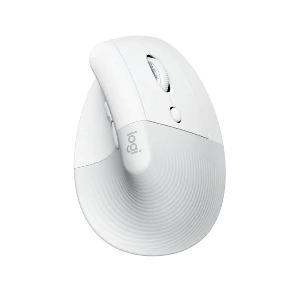 עכבר צבע לבן אפור Logitech Lift Vertical Ergonomic Mouse – Bluetooth פריט בודד של עכבר אנכי ארגונומי לבן ואפור מוצג על רקע