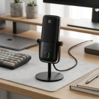 מיקרופון קונדנסר Elgato WAVE:3 MK.2 USB – מיקרופון שחור עומד על שולחן עץ עם ציוד מחשב סביבו