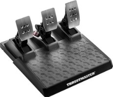 דוושות לסימולטור Thrustmaster T-3PM PC/PS/Xbox – שלוש דוושות מתכת אפורות על בסיס שחור עם לוגו Thrustmaster