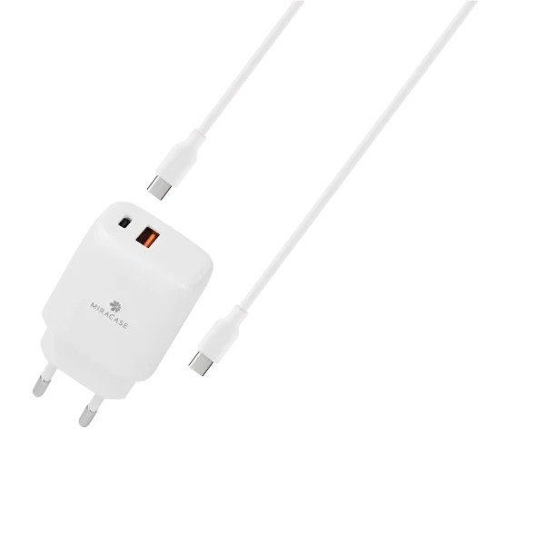 מטען קיר מהיר עם כבל Miracase MWC25PQ 25W – מטען קיר לבן עם יציאות וכבלי USB-C לבנים