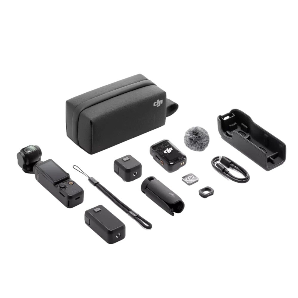 מייצב DJI Osmo Pocket 3 Combo – 4K כל מרכיבי הערכה שחורים ומפוזרים על רקע לבן