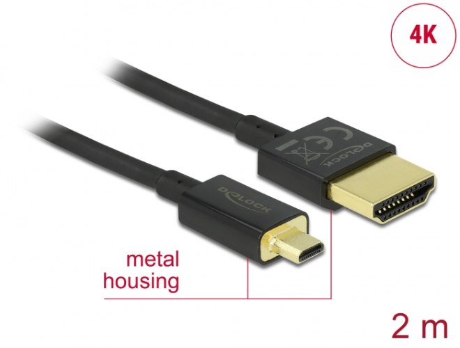 כבל מסך Delock Slim Cable High Speed Ethernet HDMI To Micro HDMI 3D 4K 2 m