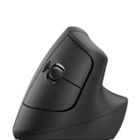 עכבר צבע שחור Logitech Lift Vertical Ergonomic Mouse – עכבר אנכי ארגונומי שחור מוצג על רקע לבן מציג גלגלת גלילה USB