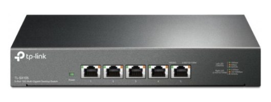 מתג 5 יציאות TP-Link 10G Multi Gigabit TL-SX105 V1 – מבט קדמי על המתג האפור עם חמש יציאות רשת