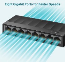 מתג שולחני TP-Link 8 Port 10/100/1000Mbps LS1008G – מבט קדמי על המתג עם 8 חיבורי רשת יחד עם קרני