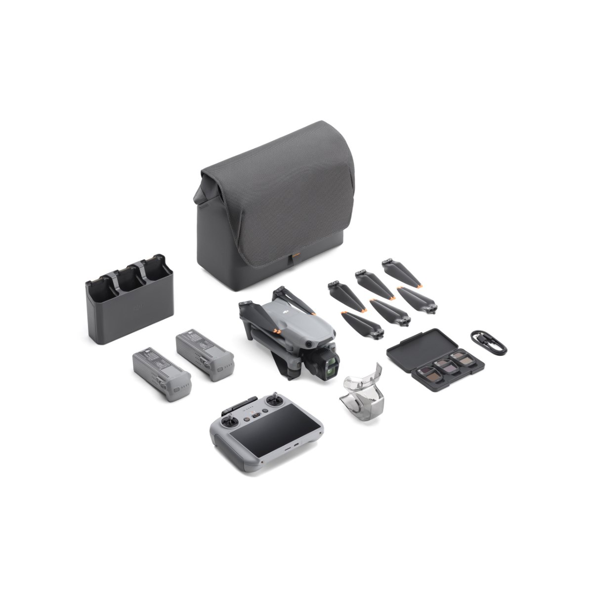 רחפן עם שלט חכם DJI Air 3S Combo + RC2 – התמונה מציגה רחפן אפור שלט חכם תיק נשיאה וסט אביזרים