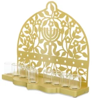 חנוכיית אלומיניום כסוף  נגזרת מנורה ופרחים