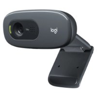 מצלמת רשת Logitech C270 HD – מצלמת רשת אפורה כהה עם נורית ירוקה דולקת ומתקן תמיכה מתכוונן סינון רעשים