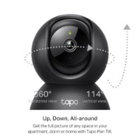 מצלמת אבטחה 360° Tp-Link Tapo C211 3MP – מציגה מצלמה שחורה עם חיצים וטקסט המתארים את יכולות הצידוד אלחוטי
