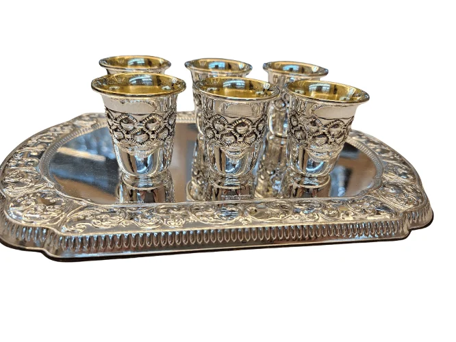 6 גביעי ליקר מכסף טהור דגם בועות+מגש מתנה עד גמר המלאי