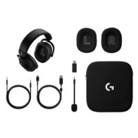 אוזניות גיימינג אלחוטיות צבע שחור Logitech Pro X3 Lightspeed – מציגות את האוזניות האלחוטיות וכל האביזרים הנלווים