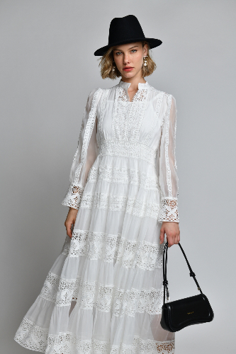 שמלה ערב מקסי שיפון  שילובי תחרה לבן