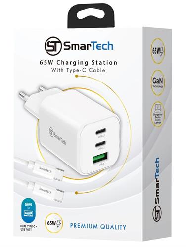 תחנת טעינה משולשת לסלולרי ולפטופ - 65W GaN - עם כבל PD טייפ-סי - דגם STTC65W1 חברת SmarTech