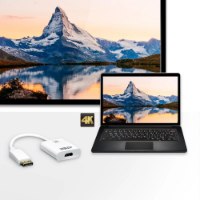 מתאם Aten VC986 DP to 4K-UHD HDMI Adapter – מתאם לבן מחשב נייד ומסך גדול מציגים תמונת 4K