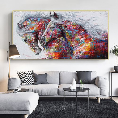 תמונת קנבס הדפס ציור סוסים צבעוניים "הסוסים הדוהרים" | הדפס ציור לבית | תמונת קנבס לרוחב