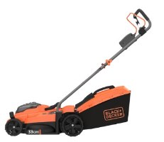 מכסחת דשא נטענת Black+Decker BCMW3318N – מכסחת כתומה-שחורה עם שק איסוף, מבט צד