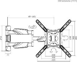 מתקן תליה דו מפרקי למסכים 23"-65" Lumi LPA50-443AL – תרשים טכני מפורט עם מידות וזוויות סיבוב