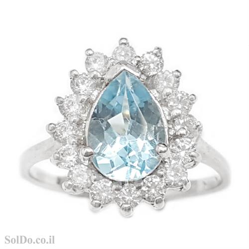 טבעת מכסף משובצת אבן טופז כחולה בצורת טיפה  וזרקונים RG1650 | תכשיטי כסף 925 | טבעות כסף