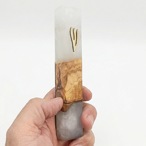 Designer Mezuzah Gift – Olive Wood & Contemporary Blue