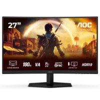 מסך גיימינג קעור Aoc C27G42E 180Hz – שחור קעור מציג סצנה ממשחק עם דמות וטקסט תכונות על המסך עם 120Hz