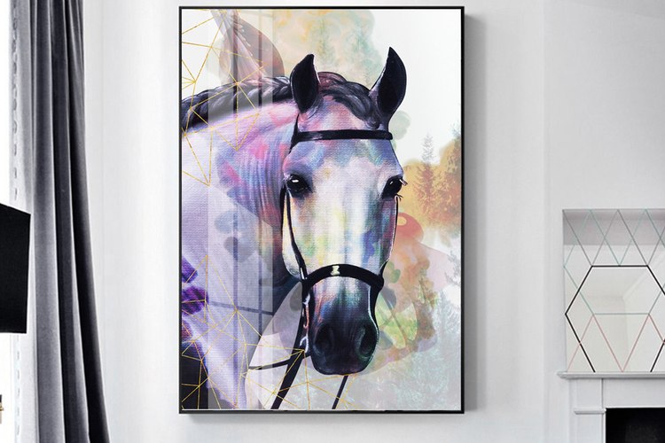 תמונת קנבס מעוצבת של סוס באפקט ציור בצבעי שחור לבן ונגיעות צבע "Geo Hourse"| תמונות לבית ולמשרד