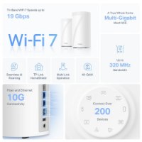 ראוטר 2 יחידות Tp-Link Deco BE85 BE19000 – אינפוגרפיקה המציגה שני נתבי רשת לבנים עם פירוט תכונות כולל 8K