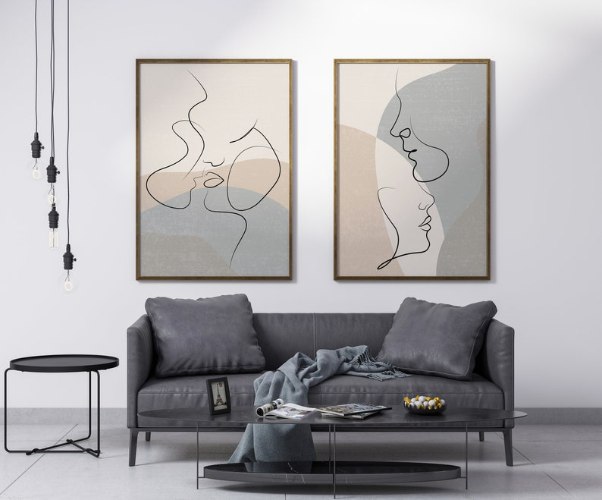 זוג תמונות קנבס אבסטרקטי בסגנון line art פני גבר ואישה באוירה רומנטית "Abstract Love" |תמונות לבית