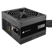 מערכת גיימינג Benda iCUE Build V1 – פריט בודד ספק כוח שחור Corsair CX550 עם מאוורר ומתג הפעלה המוצג על רקע