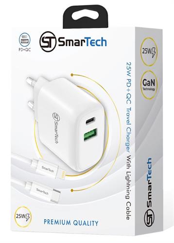 מטען קיר כפול 25W GaN - עם כבל PD Lightning  - דגם STTC25WA-DO חברת SmarTech