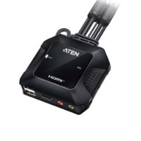 מתג Aten CS22H 2 Port 4K HDMI USB KVM – מתג KVM שחור בודד עם נורת חיווי מוארת ליד PC1
