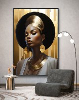 "Queen Of Sheba" תמונת קנבס יפייפיה של אישה אפריקאית עם זהב רב סביבה , תמונה גדולה  לאורך לבית