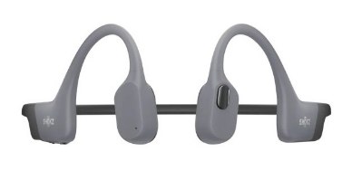 אוזניות אלחוטיות מותאמות לשחייה Shokz OpenSwim Pro – אוזניות אפורות עם רצועת חיבור אחורית וכפתורים על רקע לבן