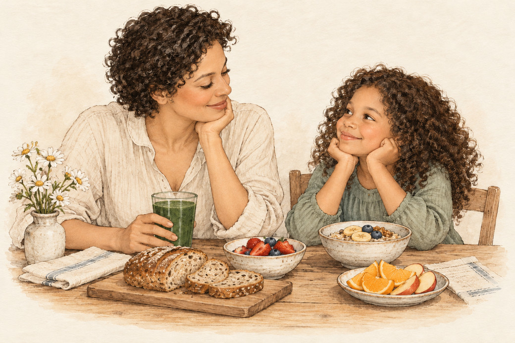 הורה וילדה ליד שולחן ארוחת בוקר עם פירות ומשקה ירוק
