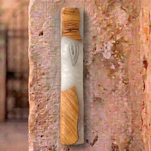Original handmade mezuzah made of olive wood and white resin, 20 cm.