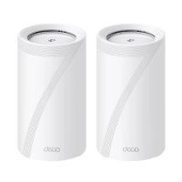 ראוטר 2 יחידות Tp-Link Deco BE85 BE19000 – שני מכשירים לבנים גליליים עם פסים אלכסוניים על רקע לבן Wi-Fi