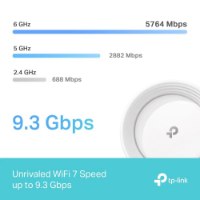 נתב מארז שתי יח Tp-Link Deco BE65 BE9300 – אינפוגרפיקה המציגה מהירויות Wi-Fi 7 של עד 9 3Gbps עם יחידת Deco לבנה