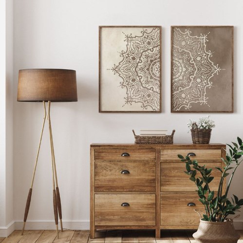 סט זוג הדפסי קנבס תמונה מחולקת של מנדלה יפייפיה בצבע חום בז "מנדלת שמש האדמה" | תמונות לבית ולמשרד