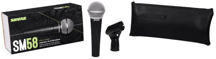 מיקרופון שירה Shure SM58 – מציג אריזת קרטון שחורה מיקרופון שחור עם רשת כסופה תופסן שחור ונרתיק נשיאה שחור
