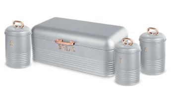 סט קופסאות אחסון מעוצבות Berlinger Haus BH6755 - מבט חזיתי על ארגז לחם אפור מט ושלוש קופסאות תואמות עם ידיות וטקסט בצבע רוז