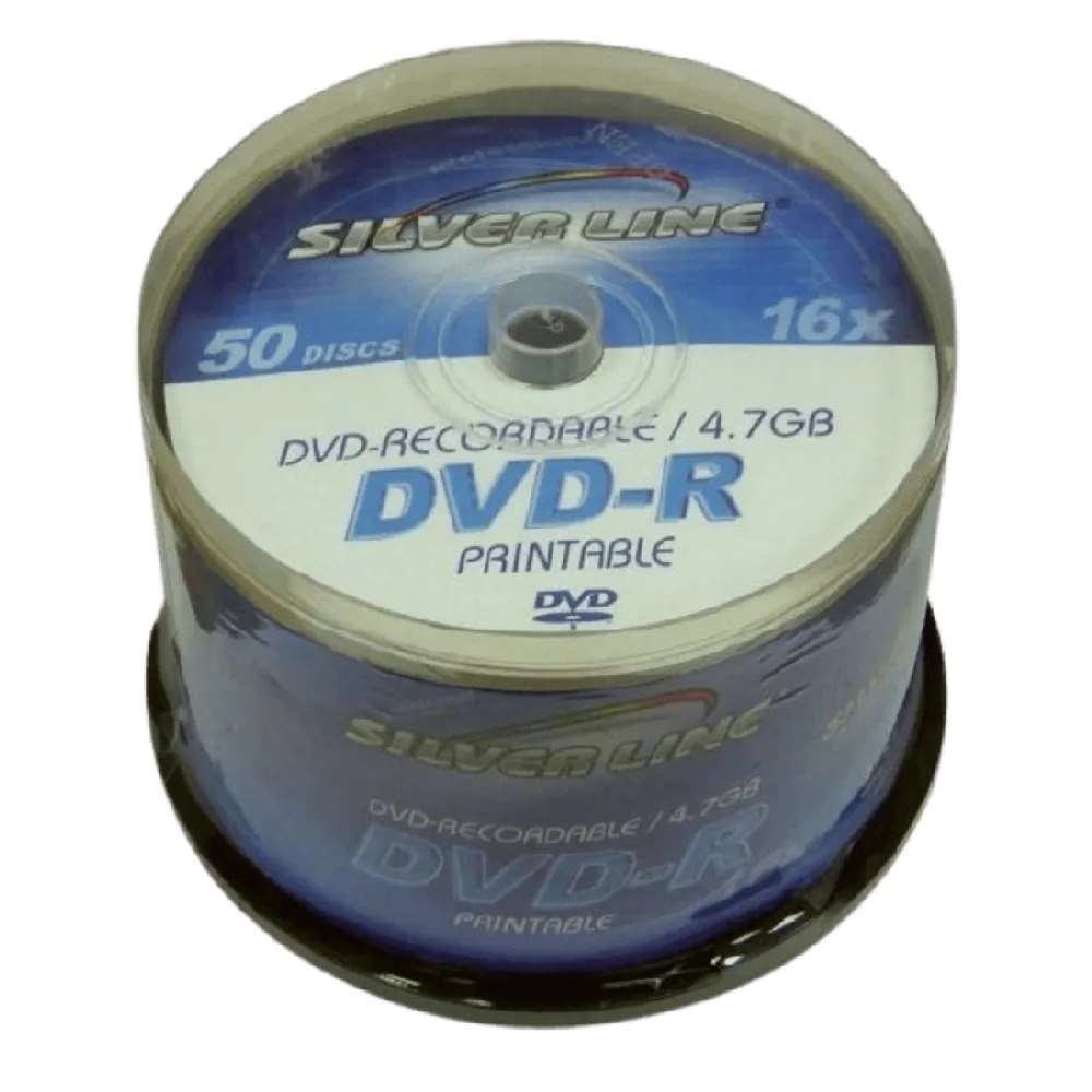 סט של 50 דיסקים Silver Line PRINTABLEX16-R DVD-R/+R X16 4.7GB – ערימת דיסקים כחולים-לבנים במארז פלסטיק שקוף על בסיס שחור
