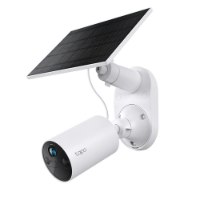 מצלמת אבטחה אלחוטית עם פאנל סולארי Tp-Link Tapo C410 Kit – מצלמה לבנה מחוברת לפאנל סולארי שחור
