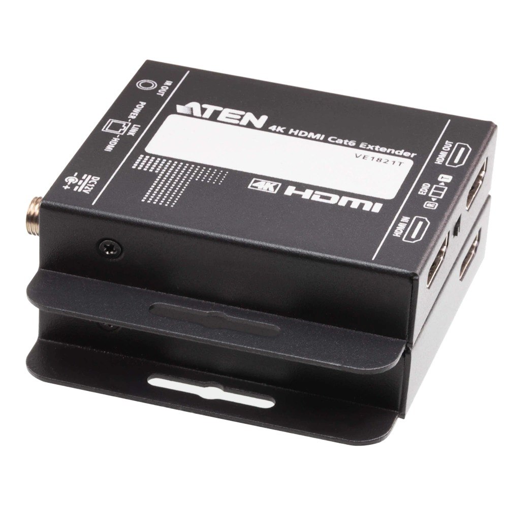 מתג Aten VE1821 HDMI CAT6 Extender – פריט בודד של יחידת מאריך HDMI שחורה עם חיבורי HDMI ורשת גלויים