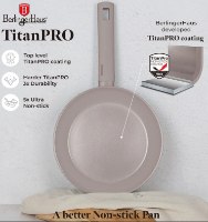 סט 3 מחבתות איכותיות Berlinger Haus TitanPro BH-8108 – פריט בודד מחבת אפורה עם ידית מוצגת עם טקסט אינפוגרפי על ציפוי
