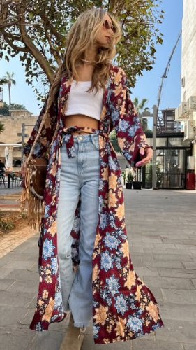 שמלת בוהו פרחונית בורדו כחול